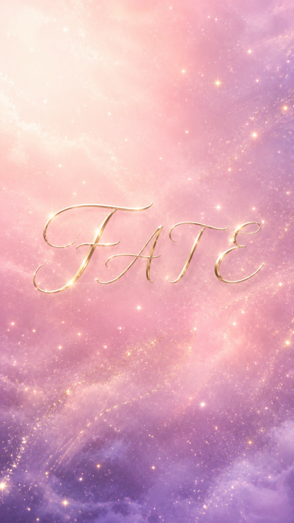 ピンクと紫の幻想的な背景に金色でFATEと書かれたアート