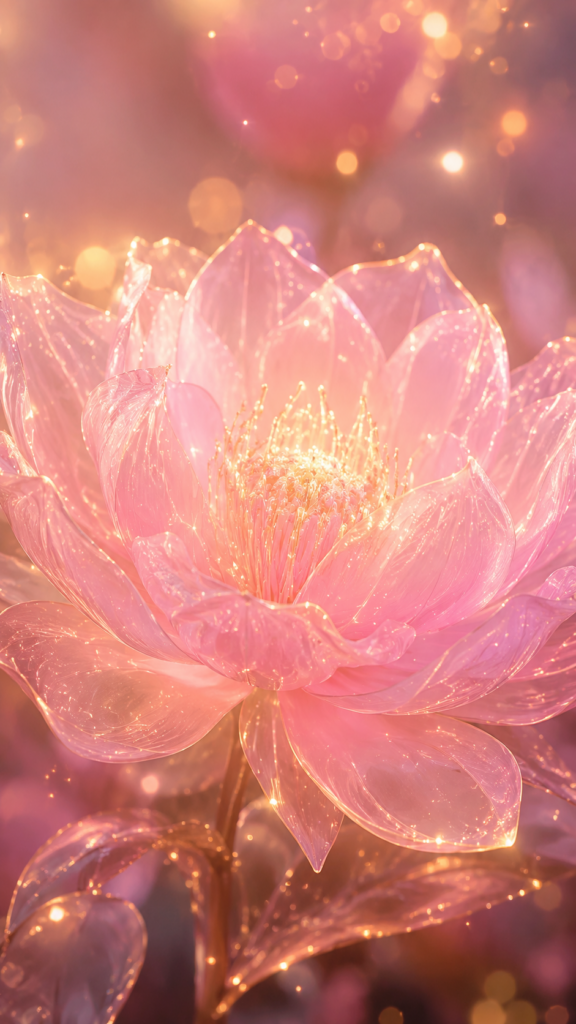 暗闇の中で自ら光を放ち、幻想的に輝くピンクの魔法の花。