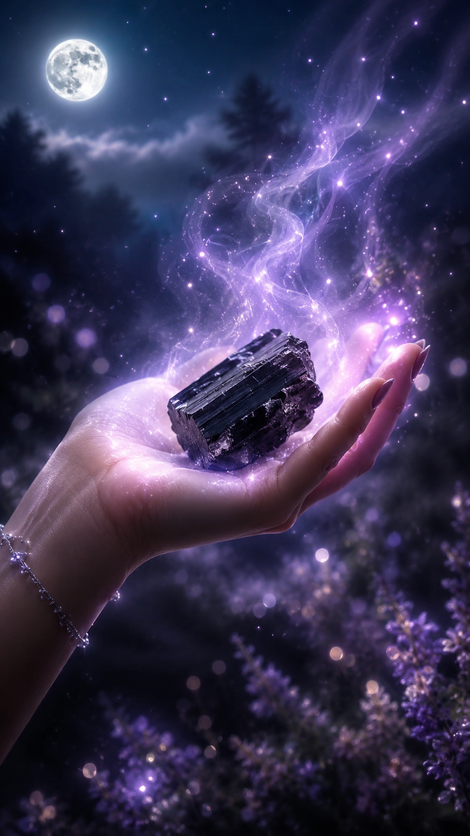 手のひらの上でブラックトルマリンが深い黒に輝き、指先から淡い紫の光が立ち上る幻想的な待受画像