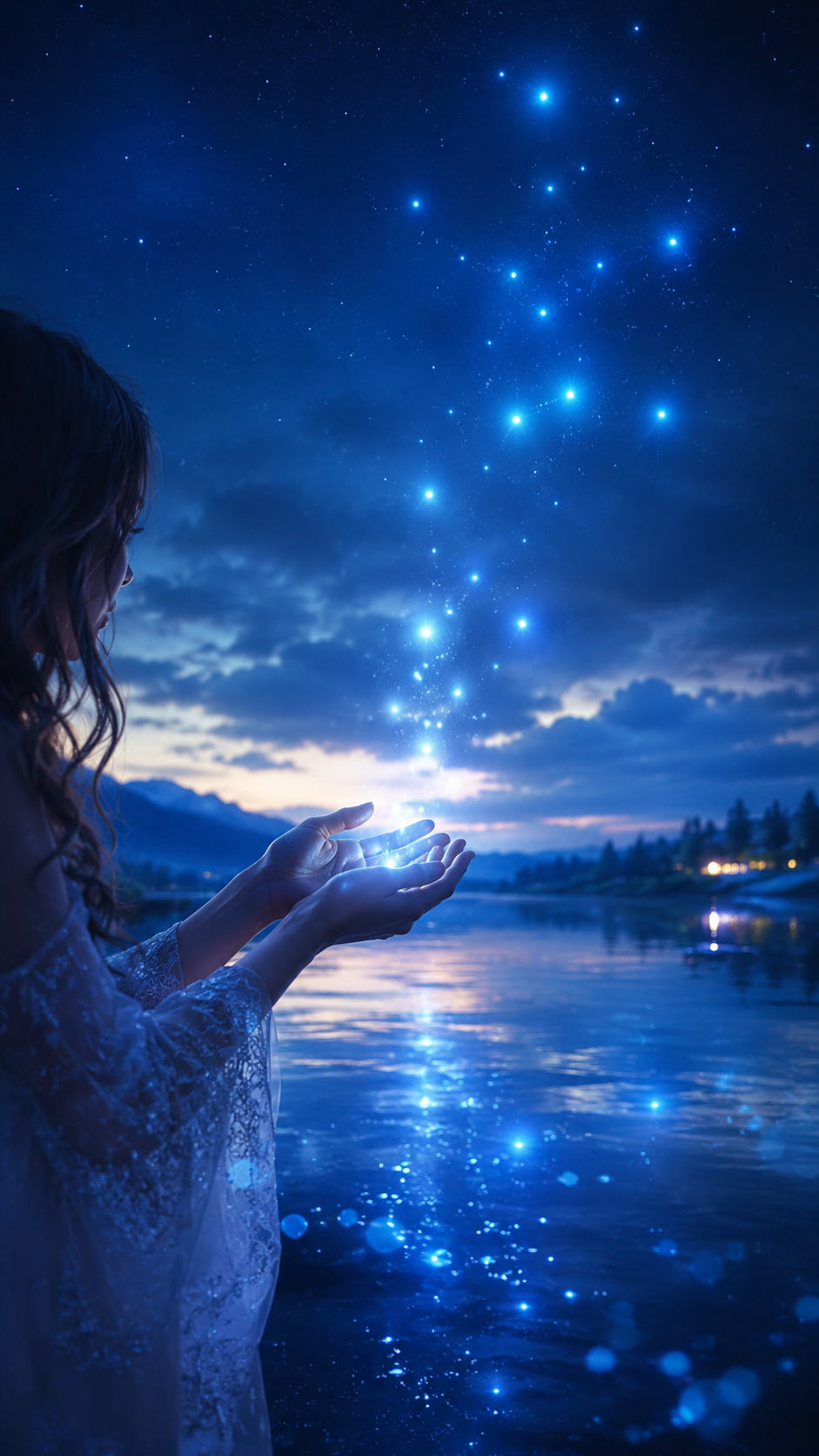 女性の手のひらから青い光の粒が夜空に向かって舞い上がる幻想的な縦長待受画像