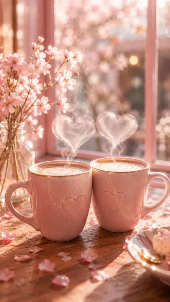 ピンクの2つのコーヒーカップから立ち上るハート型の湯気と桜の花が窓辺で輝くアート