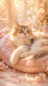 淡いピンクのクッションでくつろぐ猫と午後の金色の光・舞う花びらが優しく輝く幻想的なアート