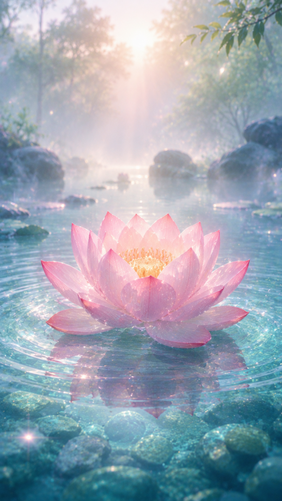 霧がかった池に美しく咲く、浄化の象徴であるピンクの蓮の花。