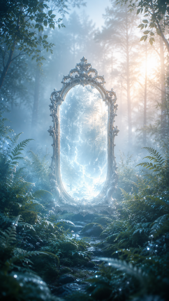 幻想的な古い銀の鏡が夜明けの光の中で輝き、鏡面に柔らかな白い光が揺れる待受画像