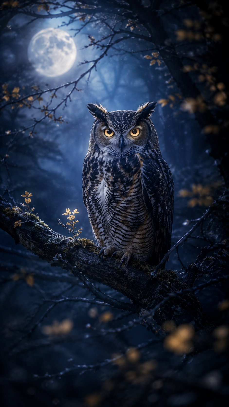 月夜の森で金色の瞳を光らせるフクロウが静かに佇む幻想的な待受画像