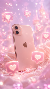 ピンクのスマートフォンの周りに浮かぶハート型の通知バブルとキラキラ光るドリーミーなアート
