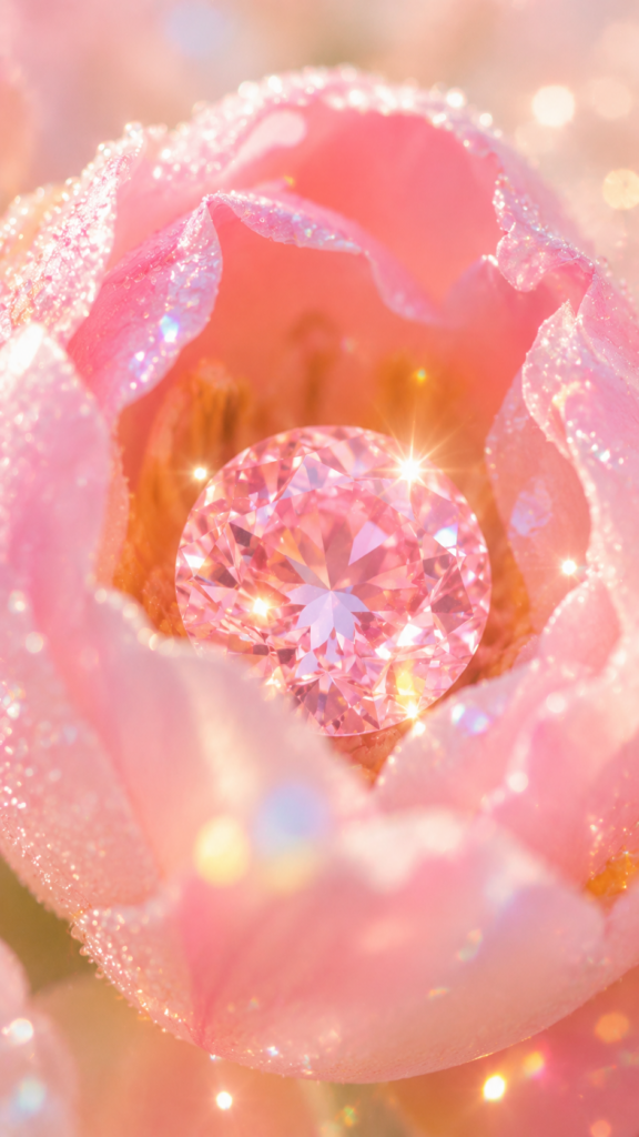 ピンクダイヤモンドが花に包まれて輝き、あなたを唯一無二の存在にする幻想的なアート