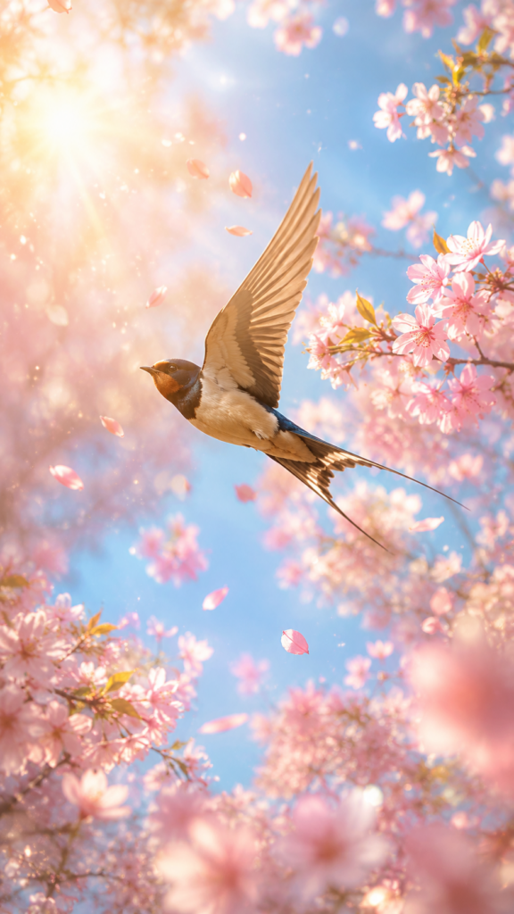 春の柔らかな光の中を花びらと共に舞うツバメが希望を運ぶ幻想的な待受画像