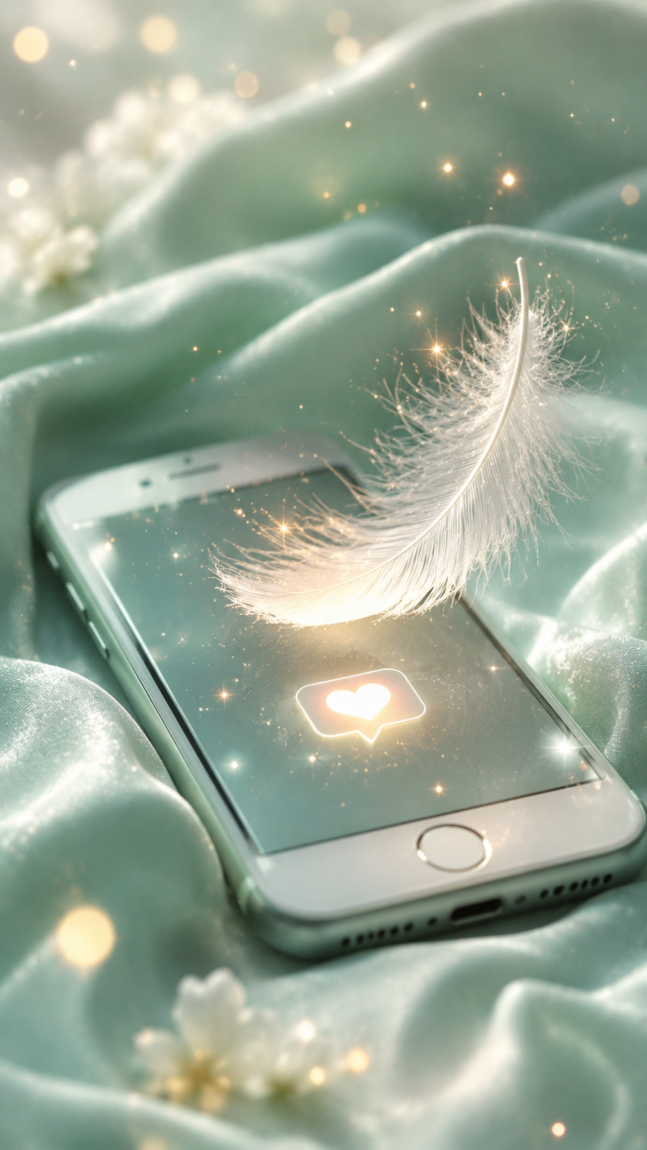 スマホの上に舞い降りる光る羽が彼からの通知を予感させる画像