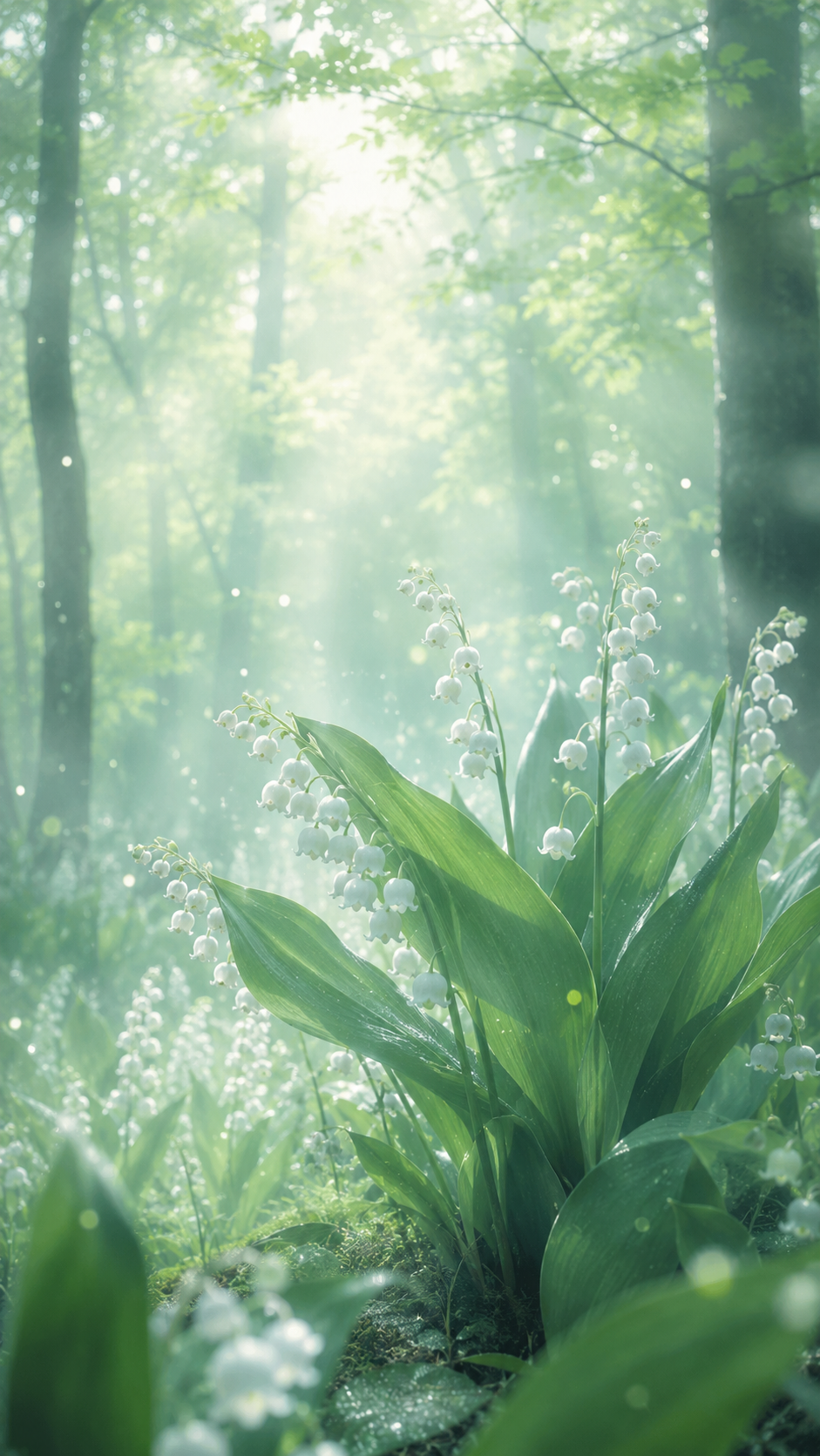 白いスズランの花が霧の中の森に凛と咲き朝の光に照らされる幻想的な待受画像