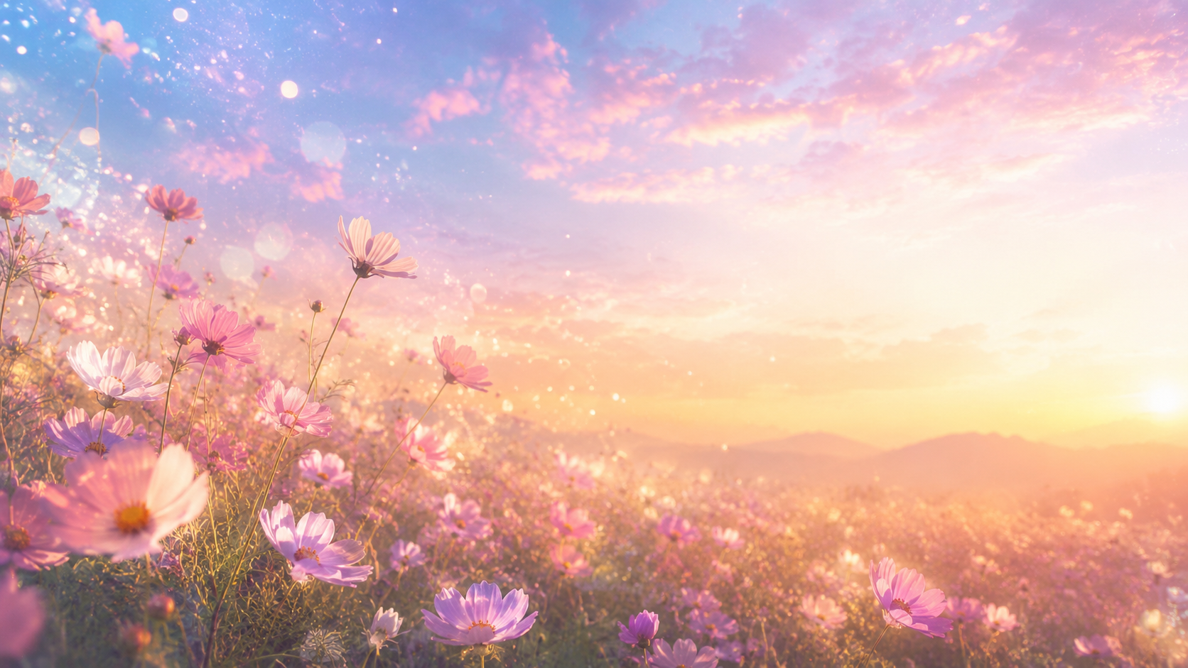 パステルカラーの夕空とピンクの花畑が広がる、恋愛の願いカテゴリ画像