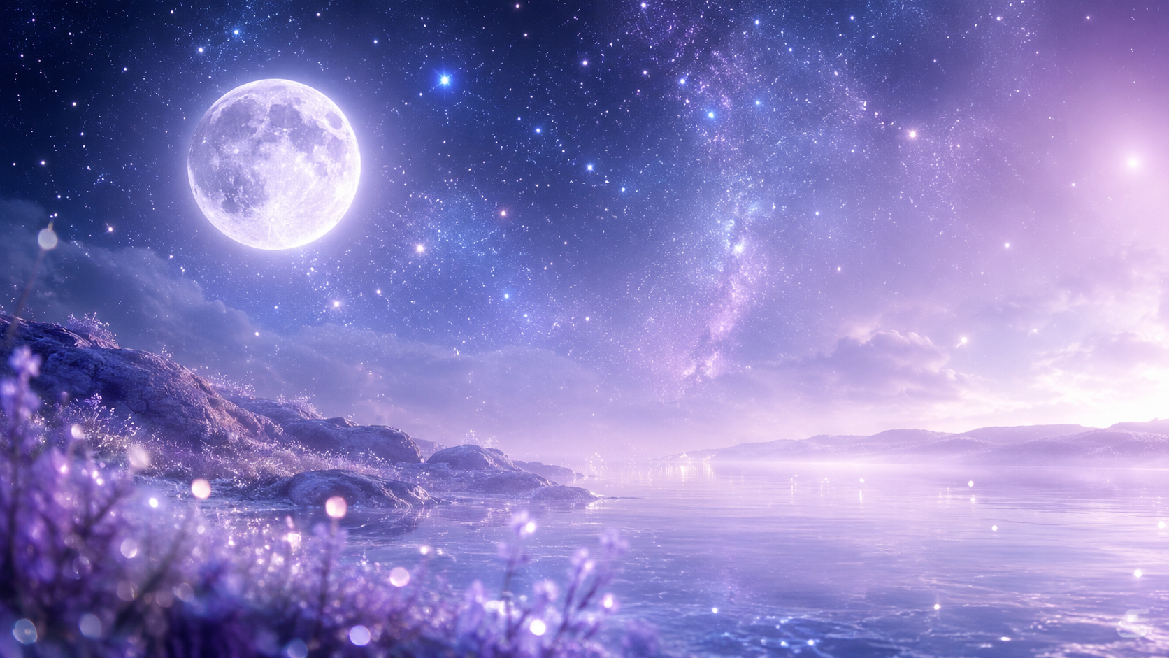 月明かりと星空が湖面に広がる、淡く幻想的なスピリチュアルカテゴリ画像