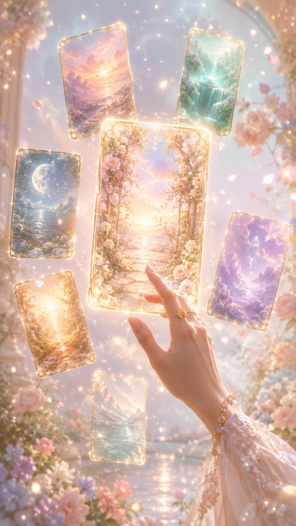 恋愛や金運などの幻想的な待受候補から気になる一枚を選ぶ手元