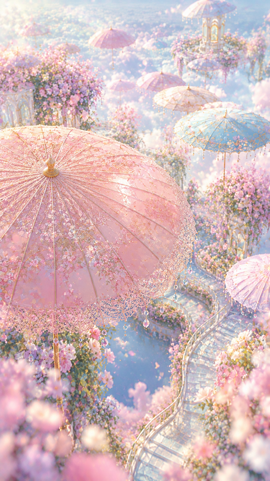 花咲く空中庭園に色とりどりのパラソルが浮かぶ幸せ待受画像