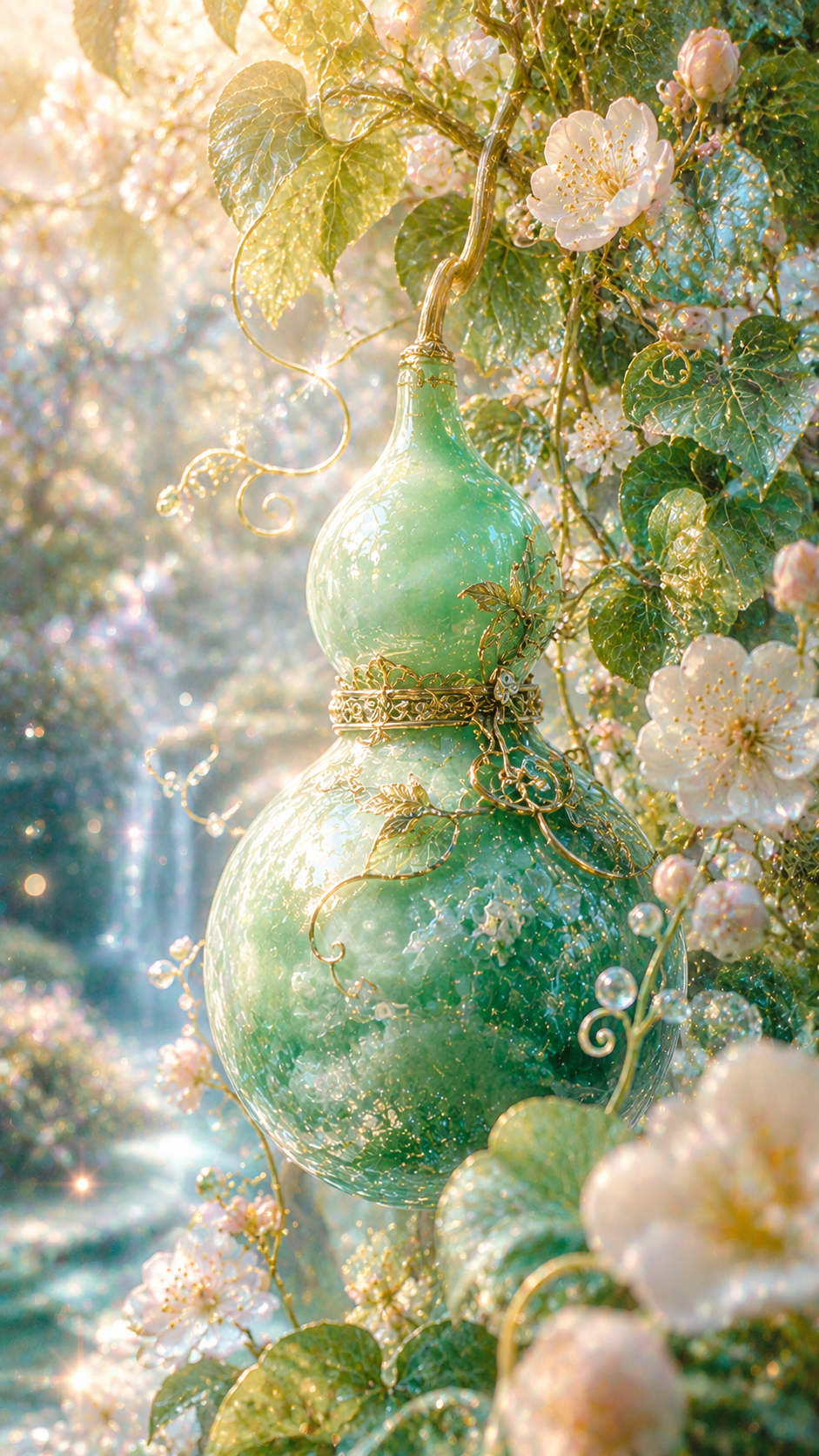 翡翠色のひょうたんが花咲く蔓の中で輝く長寿のお守り待受画像