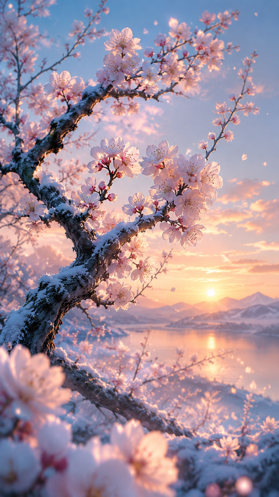 雪の残る枝に淡い紅白の梅が咲く若々しさと長寿の待受画像