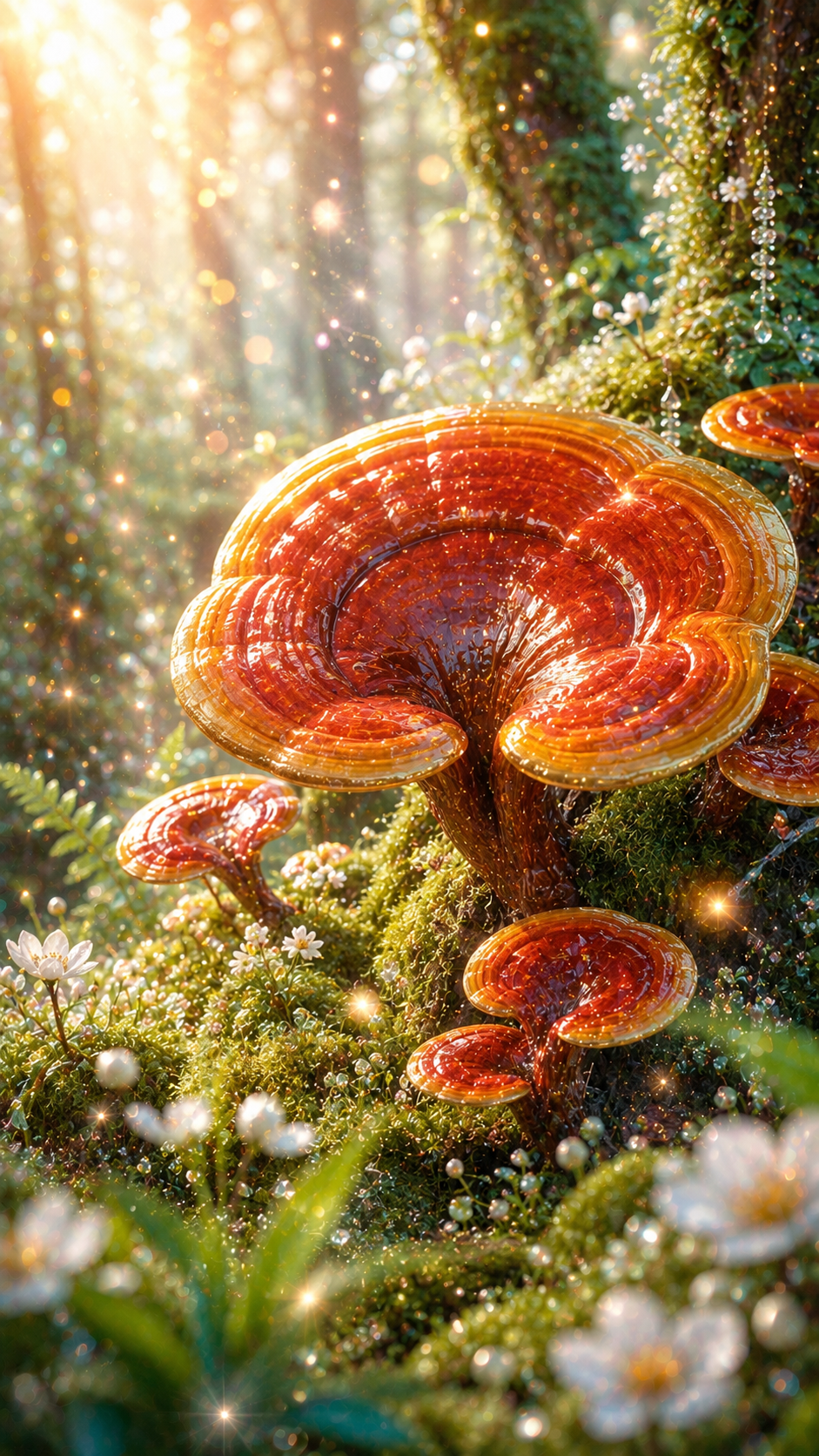 苔の森で赤金色の霊芝が幻想的に輝く長寿祈願の待受画像