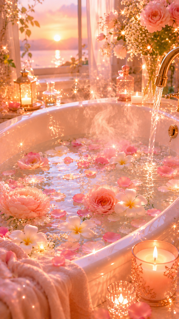 花びらとキャンドルを浮かべたバスタブにやわらかな湯気が立つ。自分をいたわる癒しの時間を象徴する待受画像。