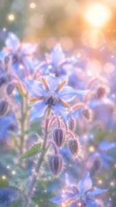 星のような形の青いボリジの花の接写とやわらかな光。勇気を呼び覚ますことを象徴する待受画像。