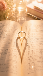 辞書の上に置かれた指輪がハートの影を作る懐かしい恋愛待受画像