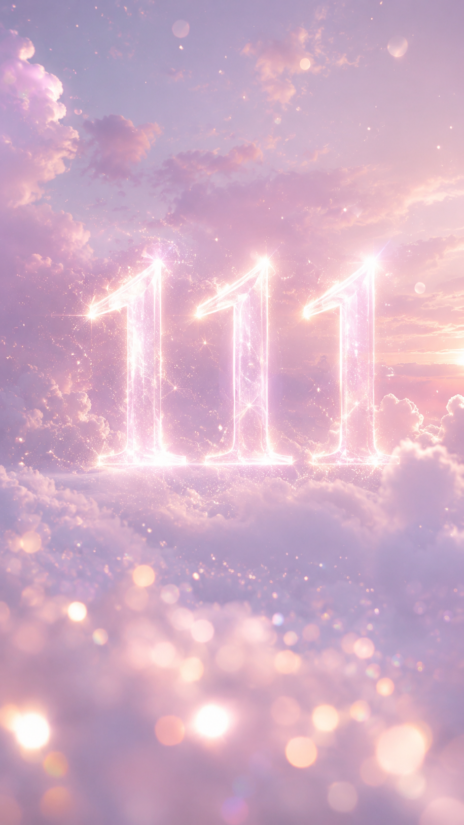 淡い光の中に浮かぶ数字111と光の粒。願いが形になり始める天使のサインの待受画像。
