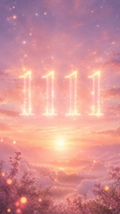 夜明けの空に明るく輝く数字1111と光の粒。願いが叶う奇跡の入口を告げる天使のサインの待受画像。