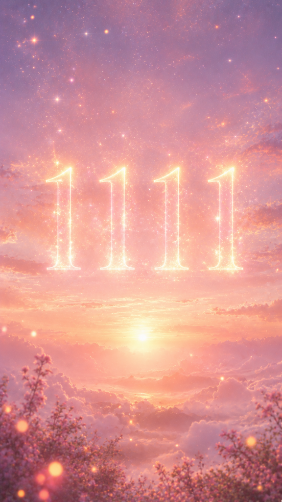 夜明けの空に明るく輝く数字1111と光の粒。願いが叶う奇跡の入口を告げる天使のサインの待受画像。