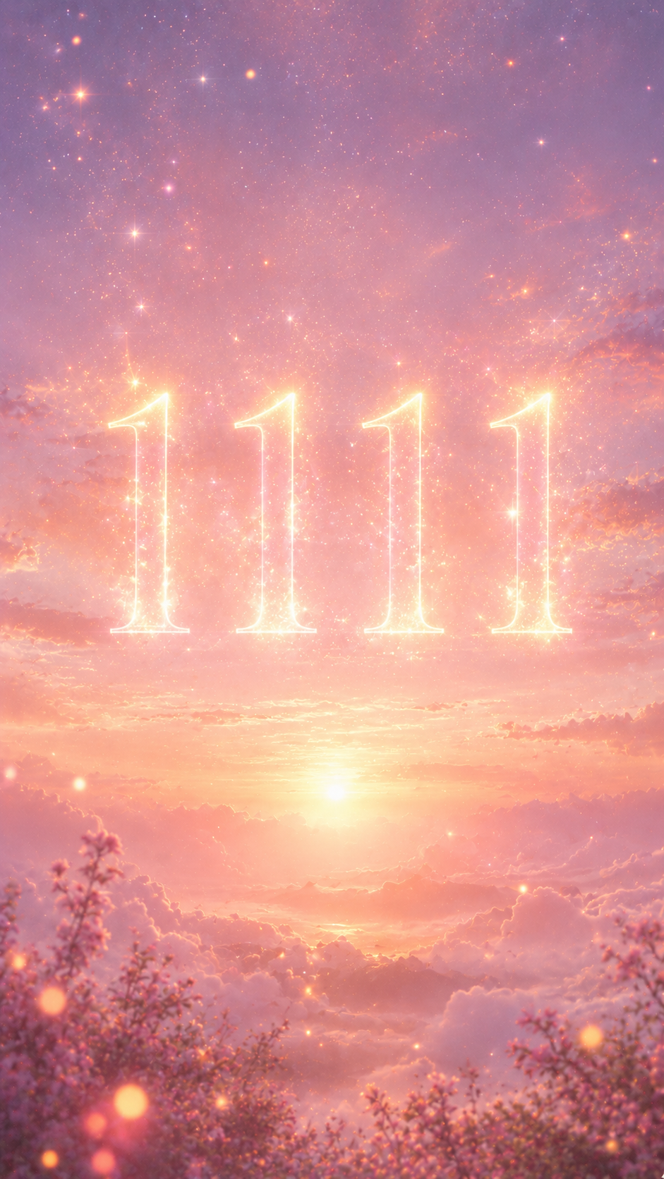 夜明けの空に明るく輝く数字1111と光の粒。願いが叶う奇跡の入口を告げる天使のサインの待受画像。