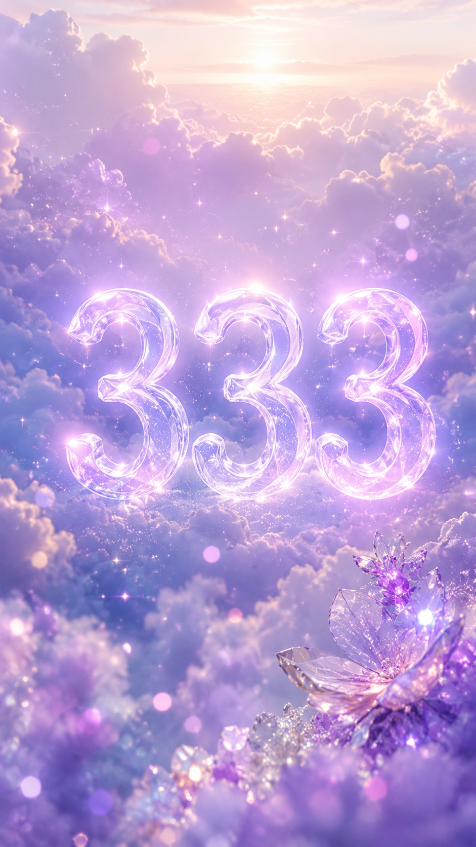 淡い紫の光に浮かぶ数字333。守られている安心を告げる天使のサインの待受画像。