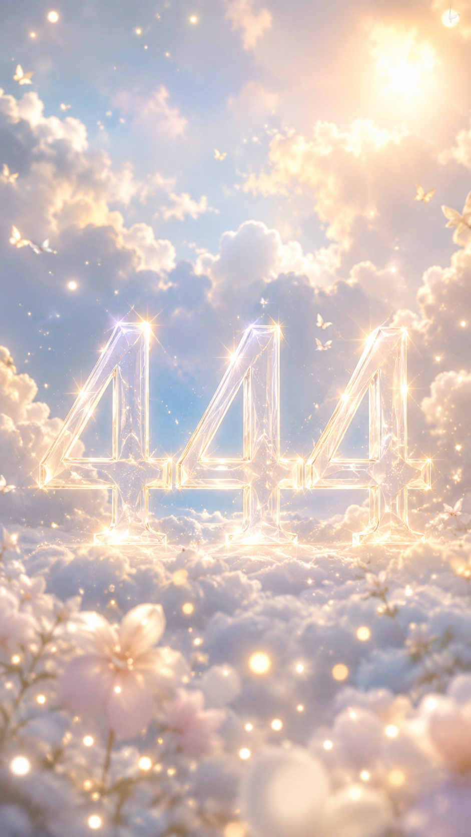 白と金の光に包まれた数字444と淡い光の羽。天使がそばにいる安心を告げる待受画像。