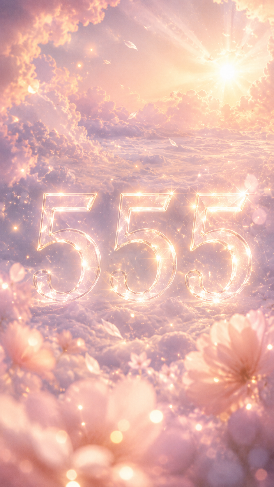 夕暮れ色の光に浮かぶ数字555。前向きな変化の訪れを告げる天使のサインの待受画像。