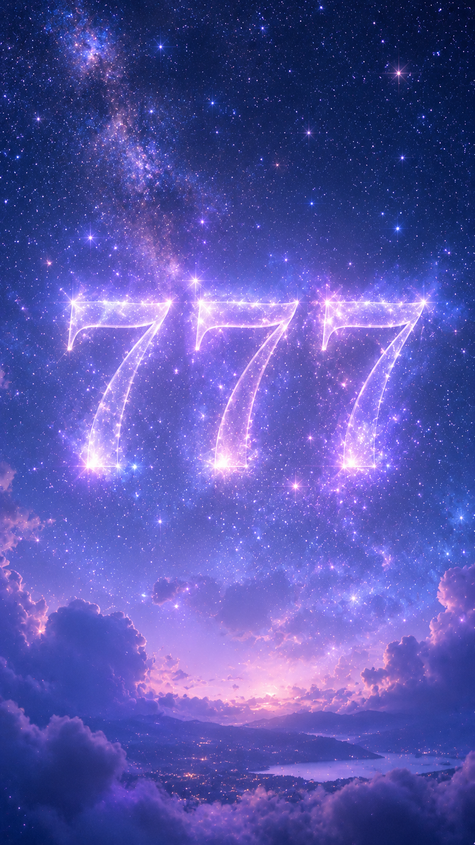 星空にきらめく数字777と無数の星。奇跡と幸運の訪れを告げる天使のサインの待受画像。