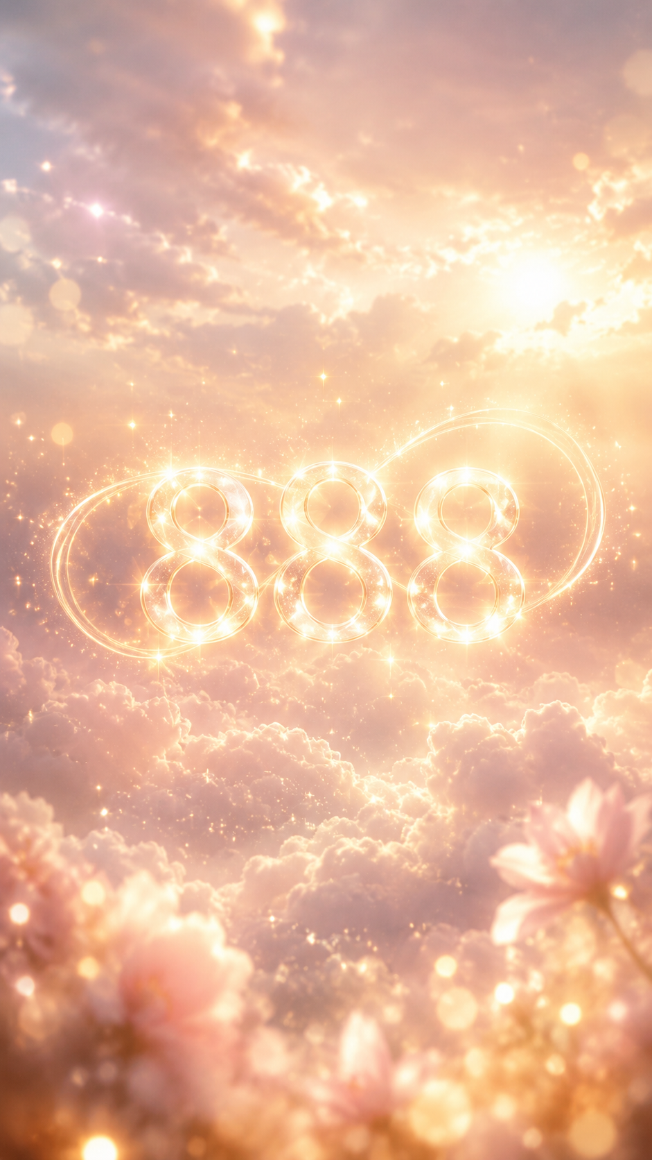 あたたかな金色の光に包まれた数字888と無限の輝き。豊かさと幸せの充足を告げる待受画像。