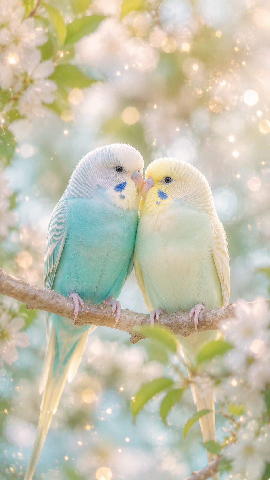 枝の上で仲良く寄り添う2羽の淡い色のインコ。おしゃべりが弾む心地よい関係を象徴する待受画像。