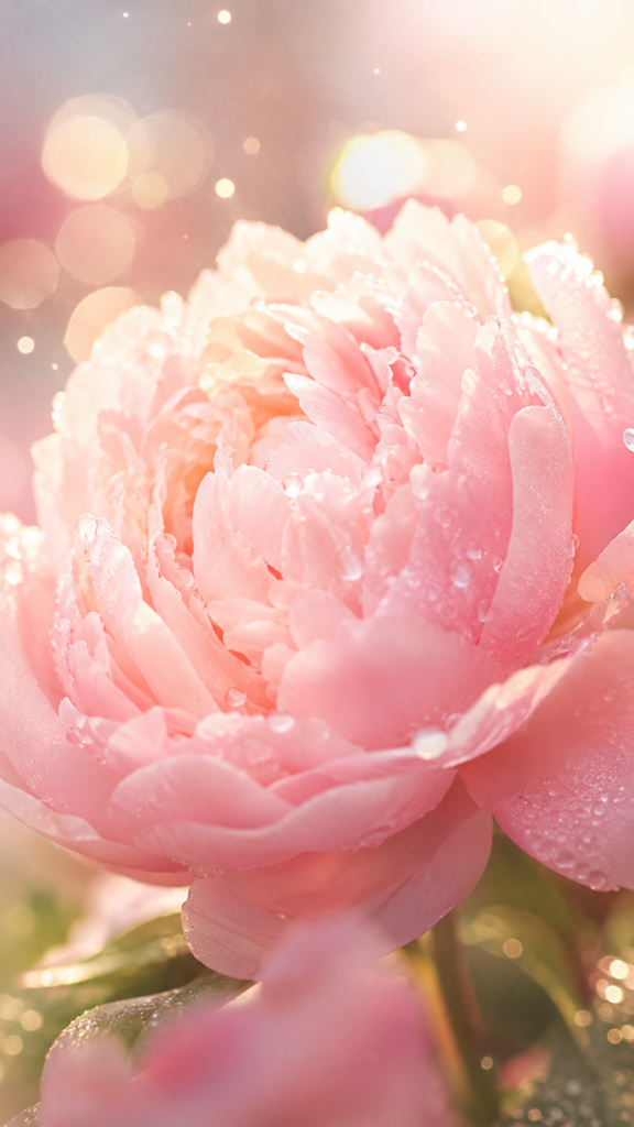 朝の光をまとい画面いっぱいに咲く淡いピンクの芍薬と花びらの露。凛と待つ心を象徴する冷却期間の待受画像。