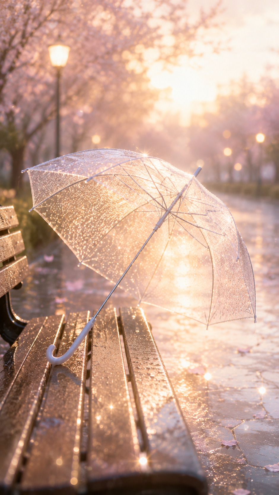 透明な傘が雨上がりのベンチで輝く接近の待受画像