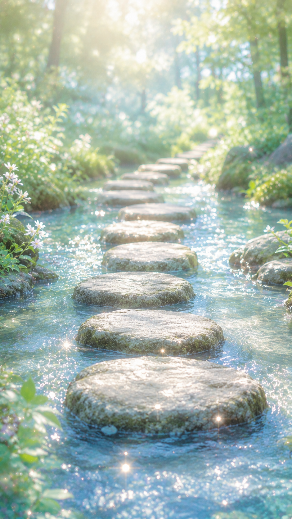 澄んだ小川にやわらかな光を受けて並ぶ飛び石。一歩ずつ進めば渡れることを象徴する待受画像。