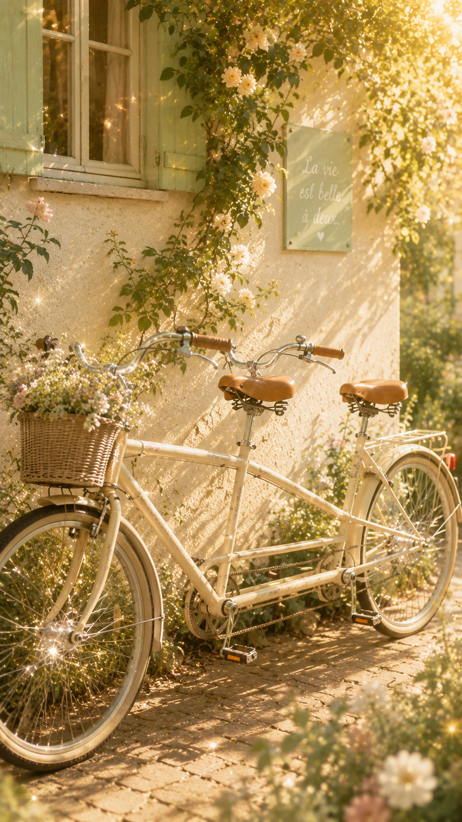 二人乗り自転車が夕方の光に輝く恋の進展待受画像
