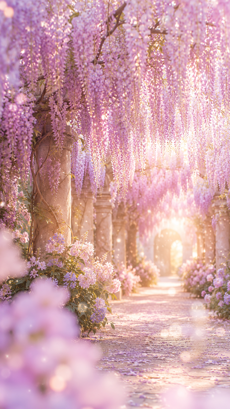 淡い紫の藤の花が降りそそぐアーチと、光へ続く小道。希望へ歩き出す冷却期間の待受画像。