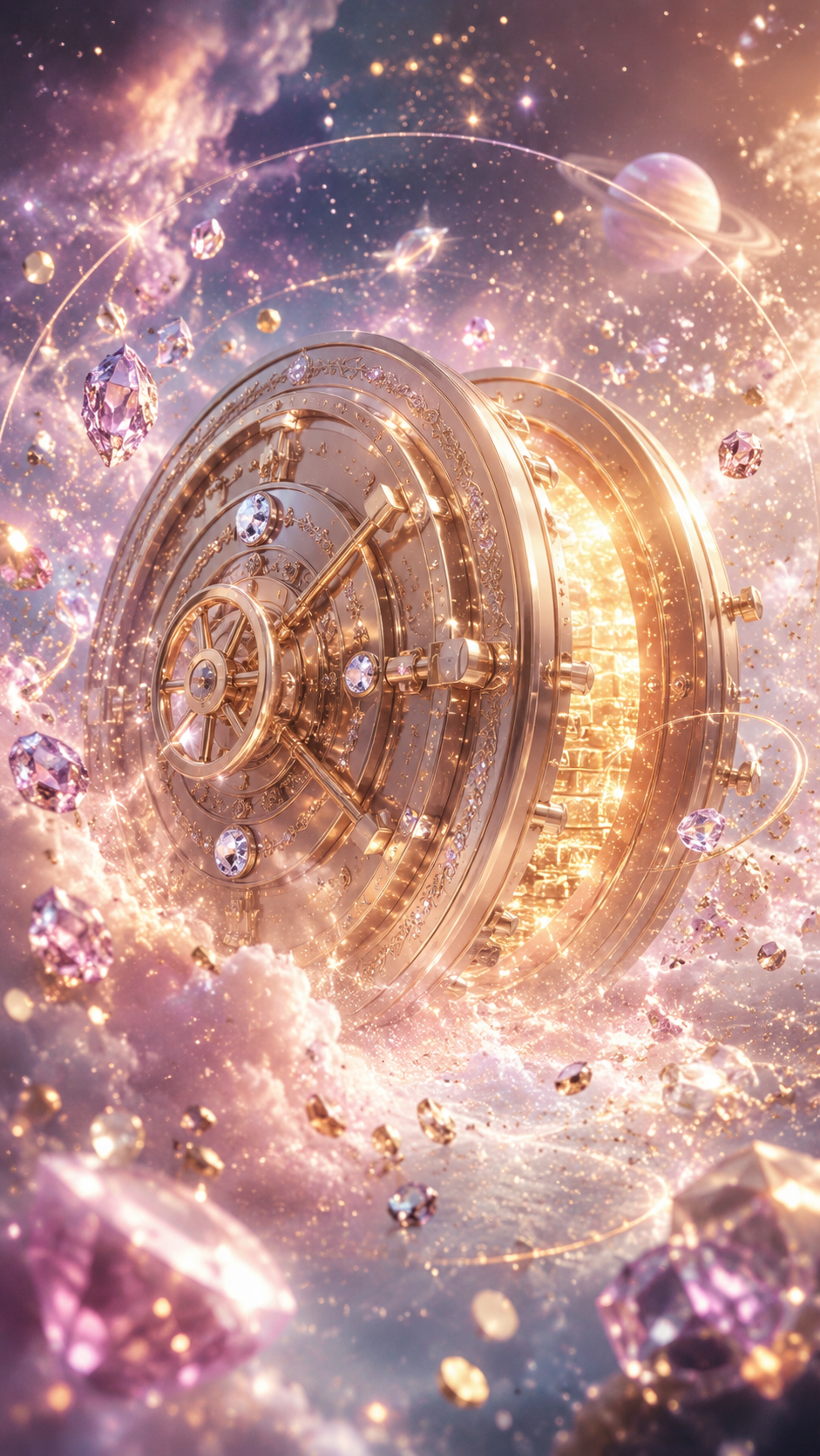 星空の中で金色に光る宇宙の金庫扉の金運待受画像