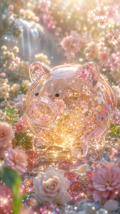 花と宝石に囲まれた透明な豚の貯金箱の金運待受画像