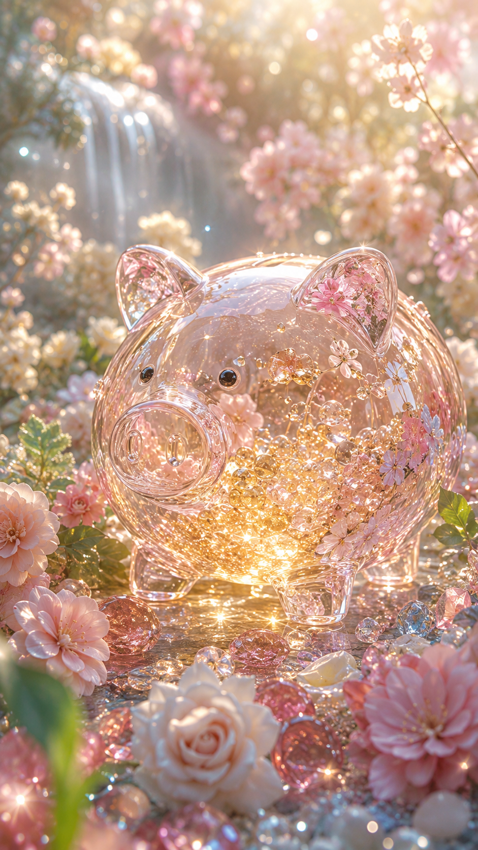 花と宝石に囲まれた透明な豚の貯金箱の金運待受画像
