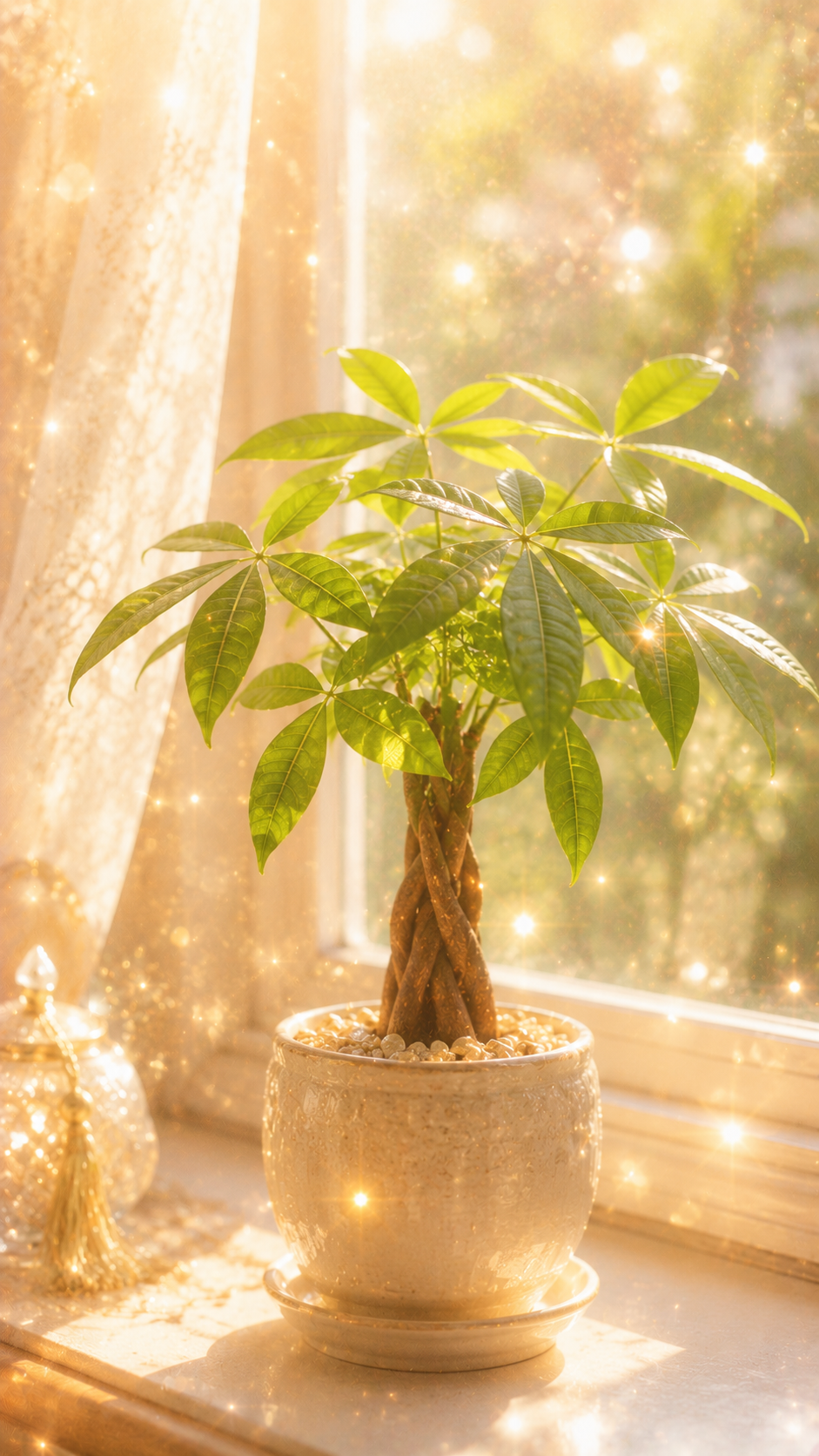 パキラの鉢植えが金運と豊かさの成長を象徴する待受画像