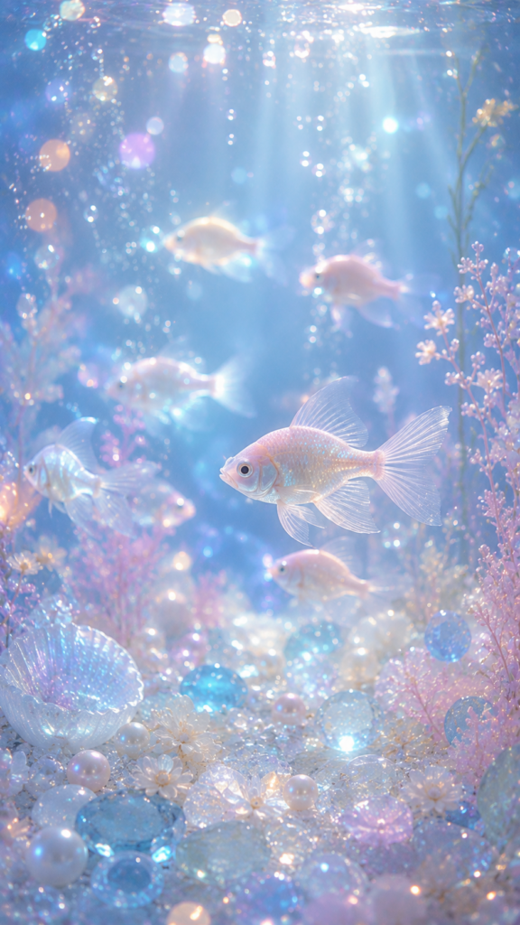 光る小魚が泳ぐ静かな水槽の安らぎ待受画像