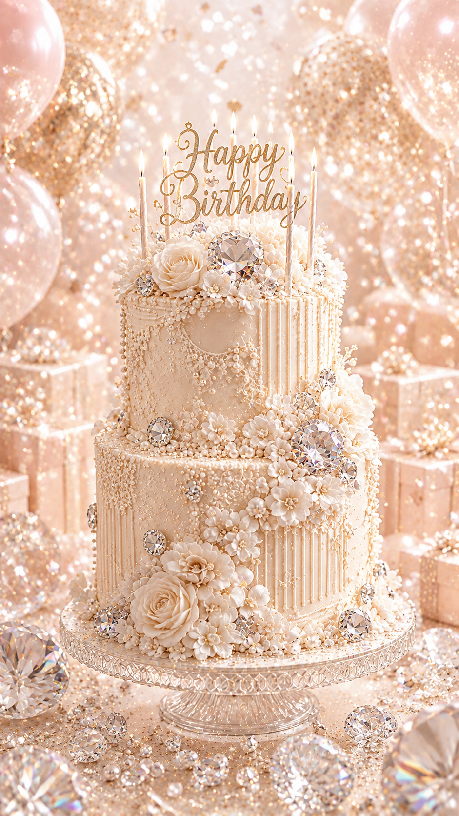 4月の誕生石ダイヤモンドを飾った白く輝くバースデーケーキ