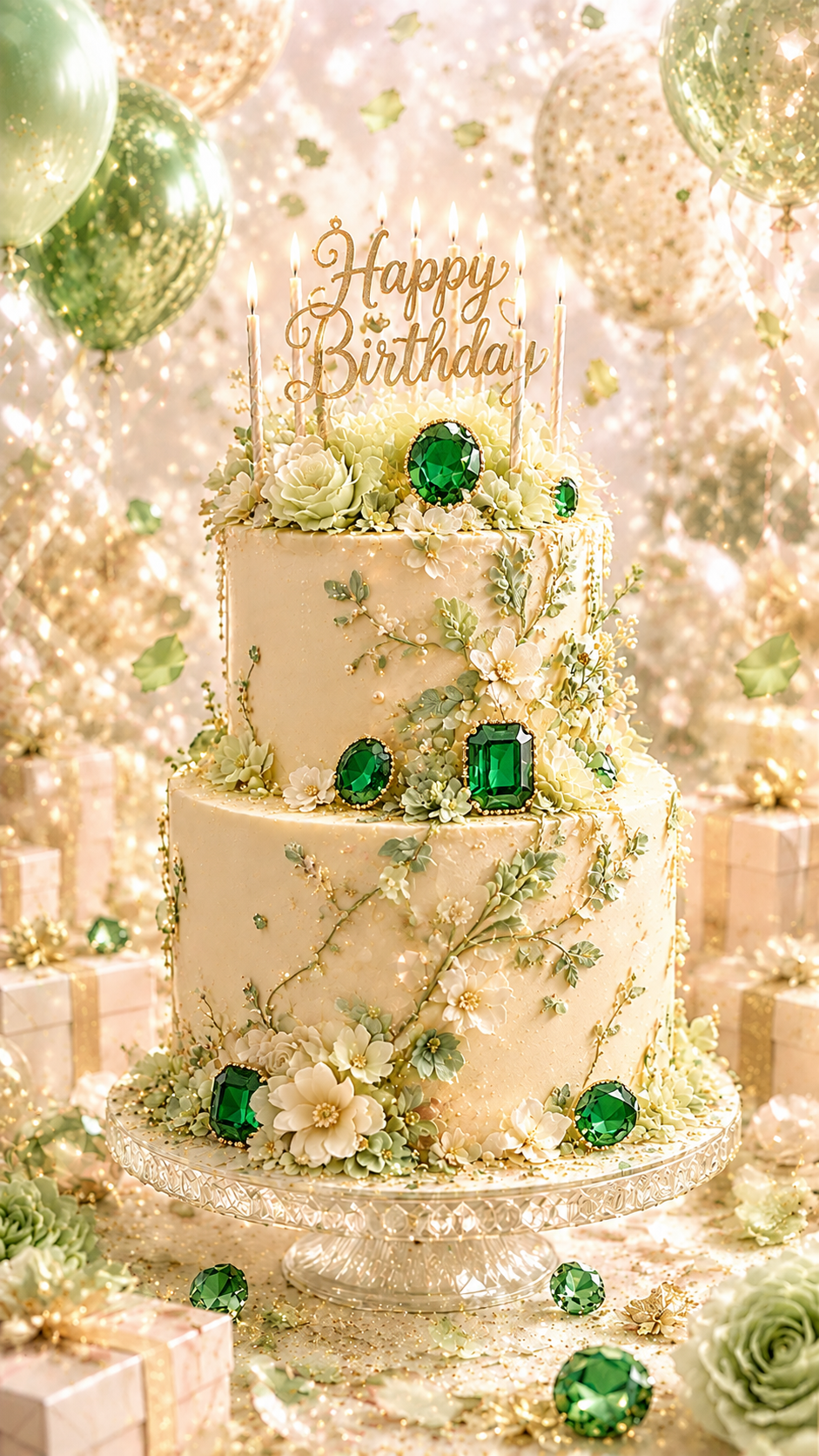 5月の誕生石エメラルドを飾った緑色のバースデーケーキ