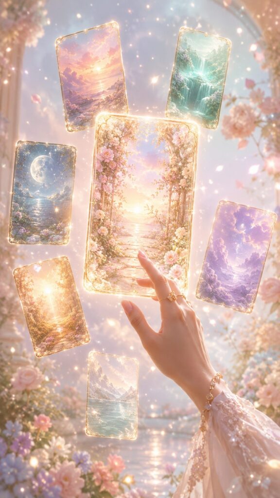 恋愛や金運などの幻想的な待受候補から気になる一枚を選ぶ手元