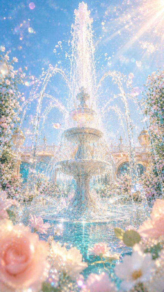 透明な噴水が光を受けて上へ弾ける朝の活力待受画像