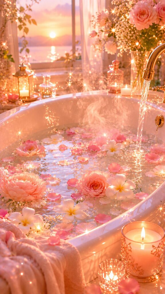 花びらとキャンドルを浮かべたバスタブにやわらかな湯気が立つ。自分をいたわる癒しの時間を象徴する待受画像。
