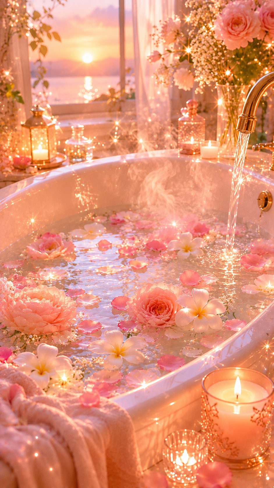 花びらとキャンドルを浮かべたバスタブにやわらかな湯気が立つ。自分をいたわる癒しの時間を象徴する待受画像。